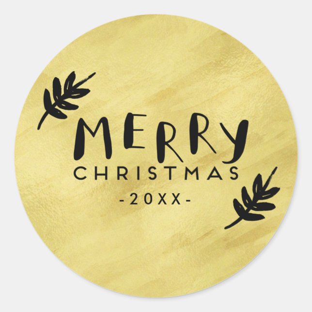 Pegatina Redonda Merry Christmas Hand Lettered | Paint Brushed Gold (Anverso)