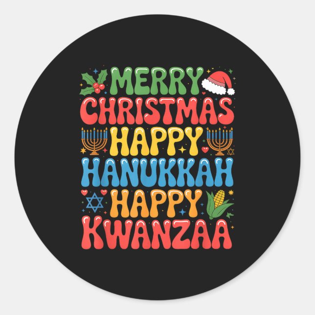 Pegatina Redonda Merry Christmas Happy Hanukkah Kwanzaa Quote  (Anverso)