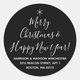 Pegatina Redonda Merry Christmas Happy New Year script address