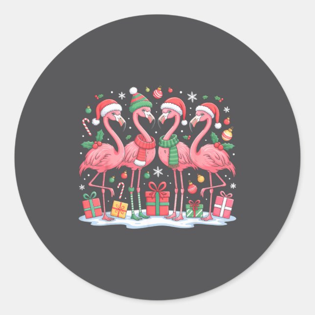 Pegatina Redonda Merry Christmas Hat Santa Flamingo Light Christmas (Anverso)