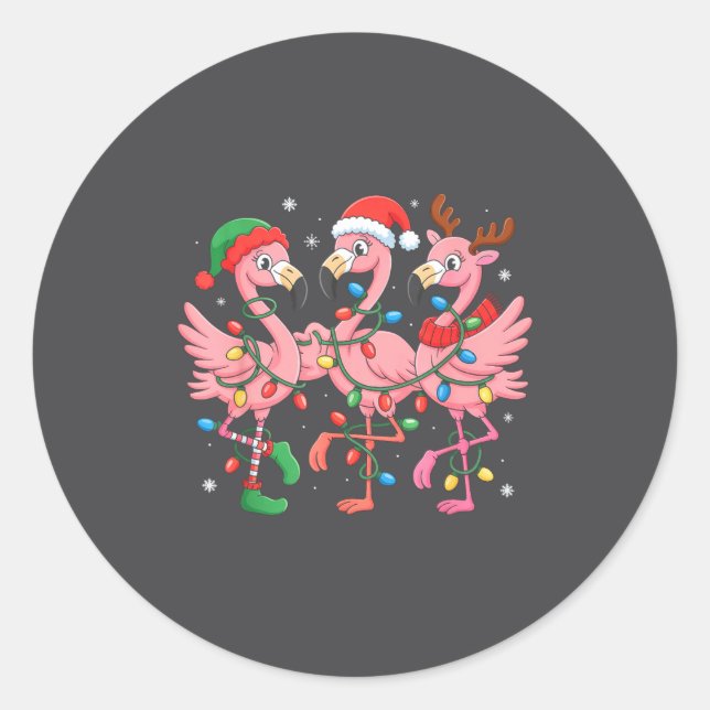 Pegatina Redonda Merry Christmas Hat Santa Flamingo Light Christmas (Anverso)