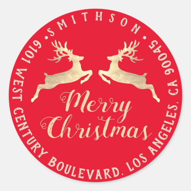 Pegatina Redonda Merry Christmas Holiday Address Return RSVP Red (Anverso)