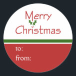 Pegatina Redonda Merry Christmas Holly Gift Tag Pegatinas<br><div class="desc">Estas etiquetas de regalo de vacaciones presentan un alegre diseño de texto rojo y verde: Feliz Navidad. Disponible en dos tamaños diferentes.</div>