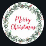 Pegatina Redonda Merry Christmas Holly Wreath Classic Round Pegatin<br><div class="desc">Feliz Navidad a los pegatinas de corona con tipografía de guiones para sus paquetes de regalo o sellos para sobres de tarjetas de felicitación.</div>