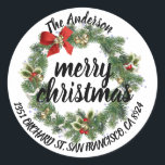 Pegatina Redonda Merry Christmas Holly Wreath Return Address<br><div class="desc">Feliz Navidad Holly Wreath etiqueta de dirección de retorno.</div>