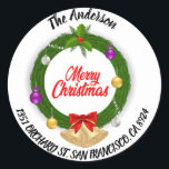 Pegatina Redonda Merry Christmas Holly Wreath Return Address<br><div class="desc">Feliz Navidad Holly Wreath etiqueta de dirección de retorno.</div>
