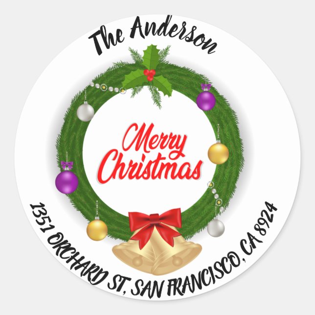 Pegatina Redonda Merry Christmas Holly Wreath Return Address (Anverso)