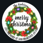 Pegatina Redonda Merry Christmas Holly Wreath Return Address Classi<br><div class="desc">Feliz Navidad Holly Wreath etiqueta de dirección de retorno.</div>