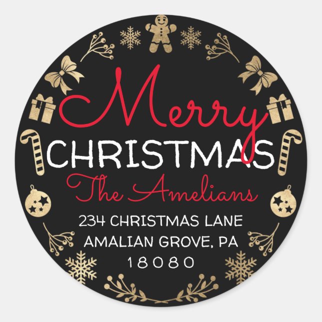 Pegatina Redonda Merry Christmas Holly Wreath RSVP Dirección de dev (Anverso)