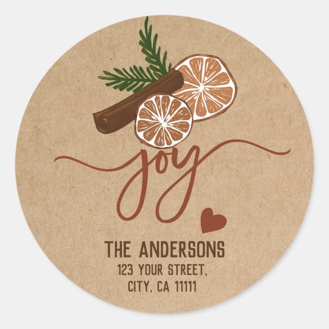 Pegatina Redonda Merry Christmas Joy Cinnamon Rustic Typography (Anverso)