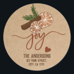 Pegatina Redonda Merry Christmas Joy Cinnamon Rustic Typography<br><div class="desc">Feliz Navidad Alegría Cinnamon Típografía Rústica Clásica Pegatina redonda con ornamentos naranjas</div>