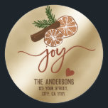 Pegatina Redonda Merry Christmas Joy Cinnamon Rustic Typography<br><div class="desc">Feliz Navidad Alegría Cinnamon Típografía Rústica Pegatina redondo clásico con rodajas naranjas</div>
