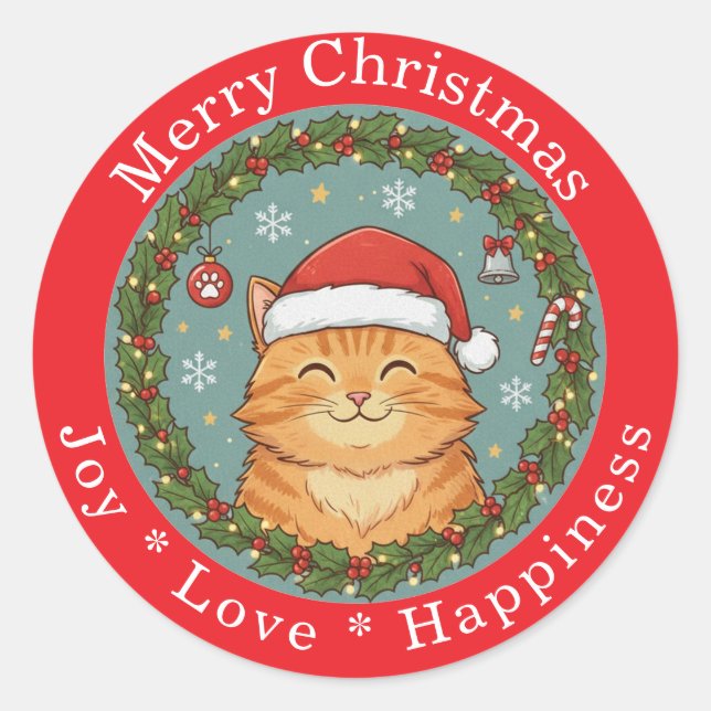 Pegatina Redonda Merry Christmas Joy Love Happiness Cute Cat  (Anverso)