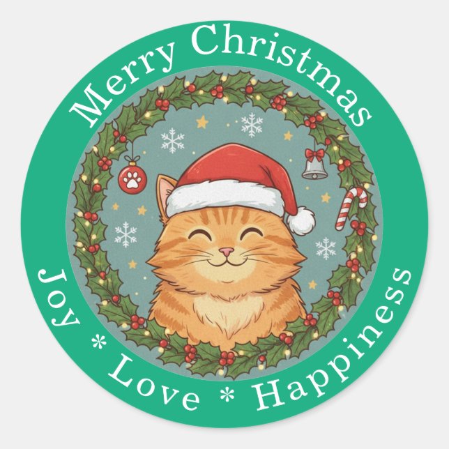 Pegatina Redonda Merry Christmas Joy Love Happiness Cute Cat  (Anverso)