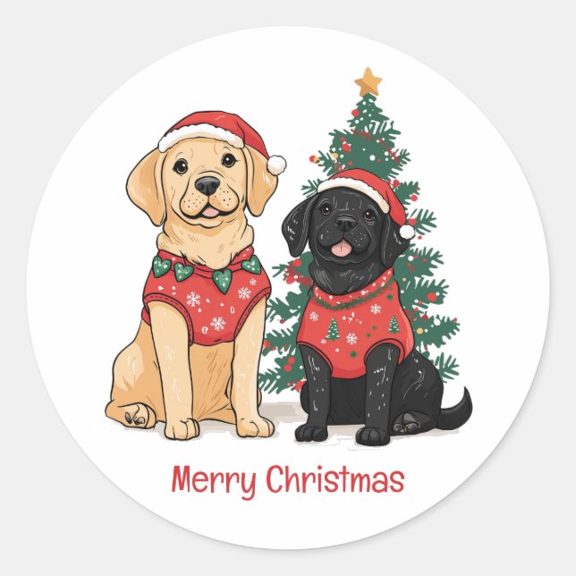Pegatina Redonda Merry Christmas Labrador Retriever Dogs (Anverso)