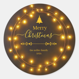 Pegatina Redonda Merry Christmas Lights Wreath Design
