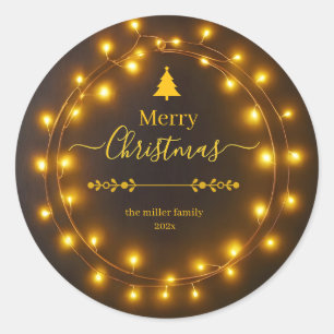 Pegatina Redonda Merry Christmas Lights Wreath Design