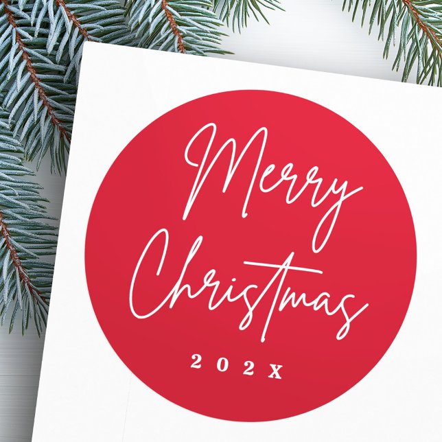 Pegatina Redonda Merry Christmas manuscrito guión rojo (Merry Christmas handwritten script red Classic Round Sticker)
