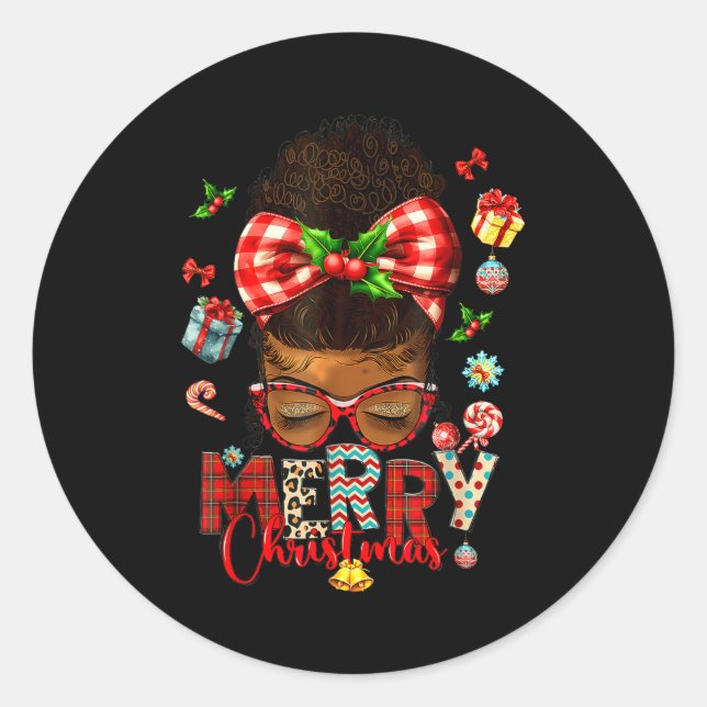 Pegatina Redonda Merry Christmas Messy Bun Black Women African Amer (Anverso)