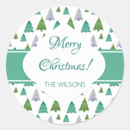 Pegatina Redonda Merry Christmas Mint Green Watercolor Tree