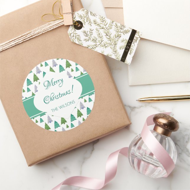 Pegatina Redonda Merry Christmas Mint Green Watercolor Tree (Regalar)
