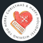Pegatina Redonda Merry Christmas Mitten Sugar Cookie Personalizado<br><div class="desc">Nuestro dulce Merry Christmas Winter Mitten Cookie Personalizado Classic Round Pegatina presenta un ilustracion acuarela de mimbre decorado con helado rojo y blanco. Todo el texto se puede actualizar con su propio nombre y detalles personalizados.</div>