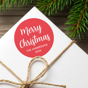 Pegatina Redonda Merry Christmas Modern Script Nombre personalizado