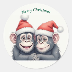 Pegatina Redonda Merry Christmas Monkeys