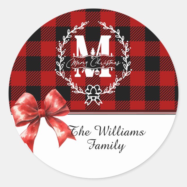 Pegatina Redonda Merry Christmas Monogram Wreath Buffalo Plaid (Anverso)