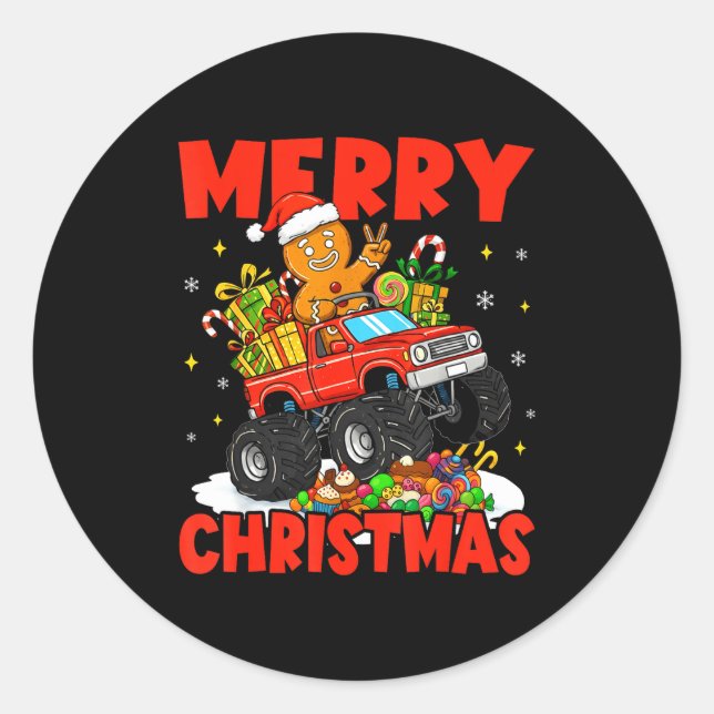 Pegatina Redonda Merry Christmas Monster Truck Funny Gingerbread Me (Anverso)