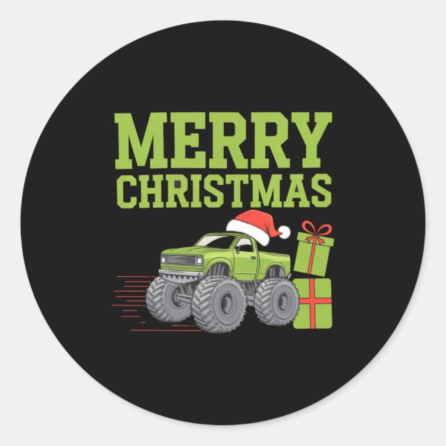 Pegatina Redonda Merry Christmas Monster Truck Toddler Boys Xmas  (Anverso)