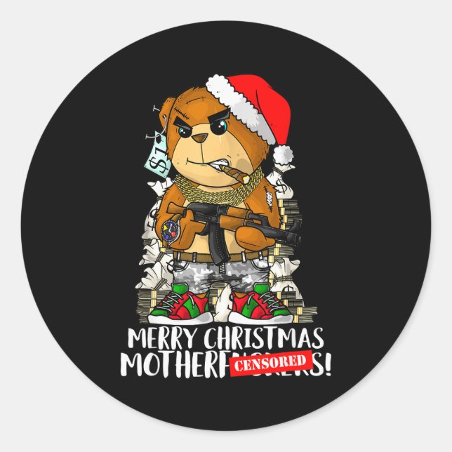 Pegatina Redonda Merry Christmas Motherfker! Hip Hop Teddy Bear Xma (Anverso)