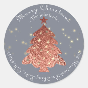 Pegatina Redonda Merry Christmas Name Tree RSVP Rosa Gold Grey