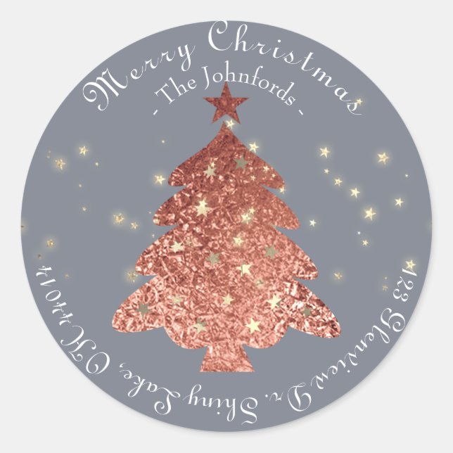 Pegatina Redonda Merry Christmas Name Tree RSVP Rosa Gold Grey (Anverso)