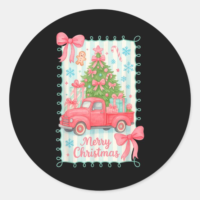 Pegatina Redonda Merry Christmas Nk Truck Family Matching Pajamas G (Anverso)