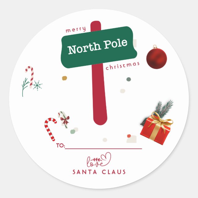 Pegatina Redonda Merry Christmas North Pole Santa Claus  (Anverso)