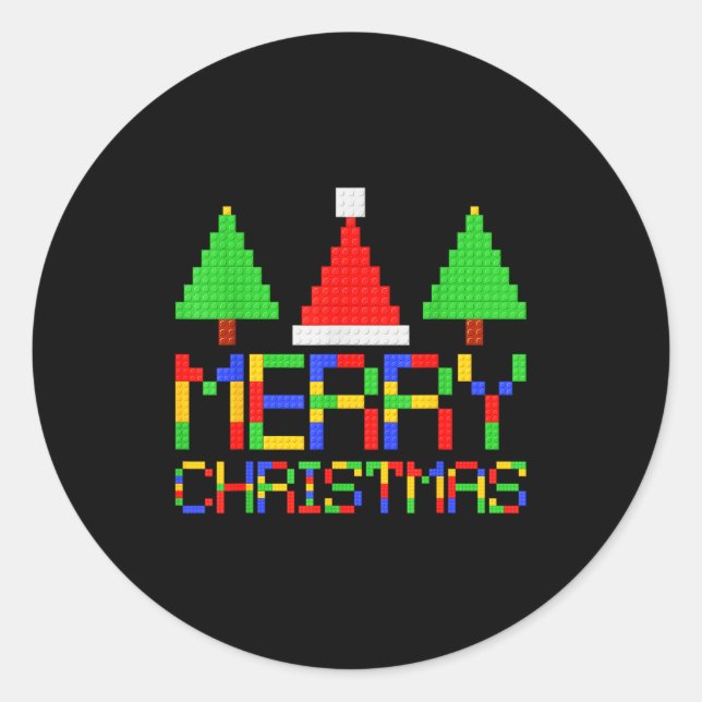 Pegatina Redonda Merry Christmas Pajamas Blocks Building Lovers Boy (Anverso)