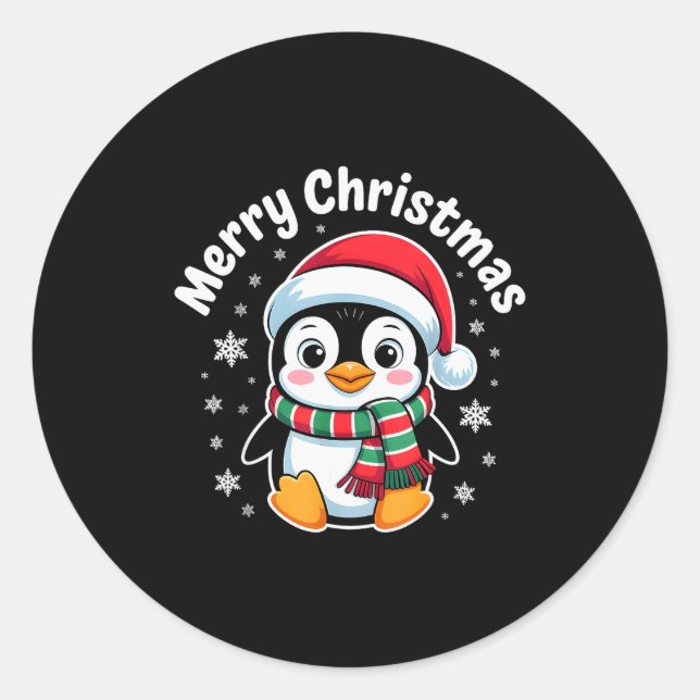 Pegatina Redonda Merry Christmas Penguin Cute Santa Hat Winter Holi (Anverso)