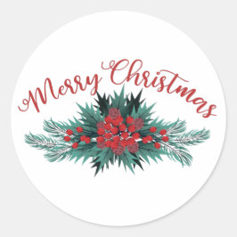 Pegatina Redonda Merry Christmas Pine Bough Holly Berry Poinsettia