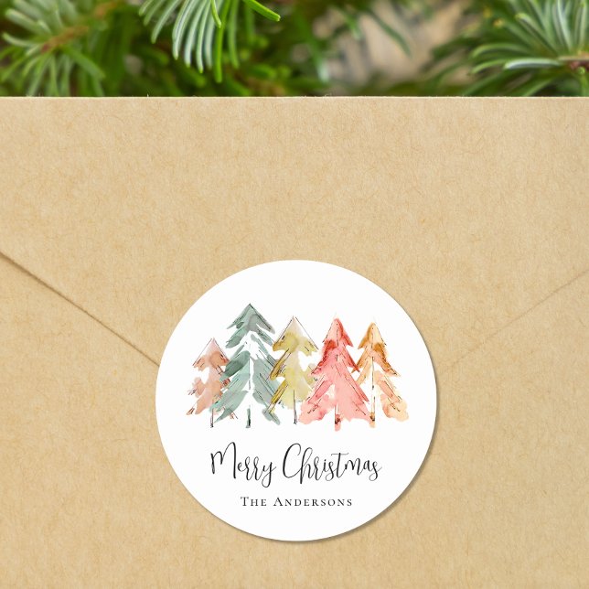 Pegatina Redonda Merry Christmas Pine Tree Watercolor (Subido por el creador)