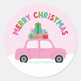 Pegatina Redonda Merry Christmas Pink Car with Gifts in Pastel Pink