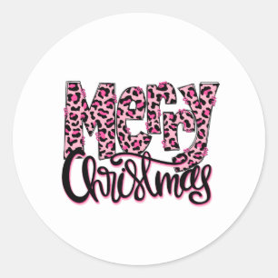 Pegatina Redonda Merry Christmas Pink Leopargraphy Typography