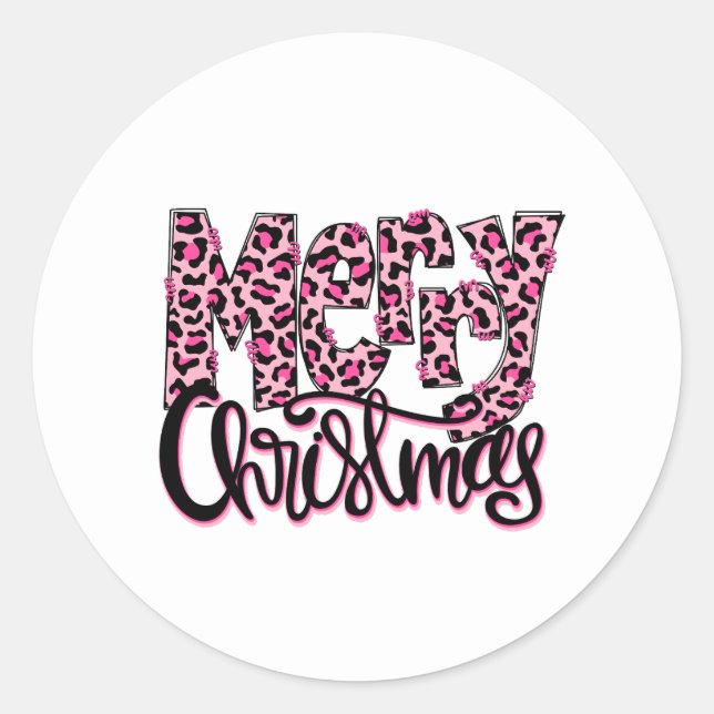 Pegatina Redonda Merry Christmas Pink Leopargraphy Typography (Anverso)