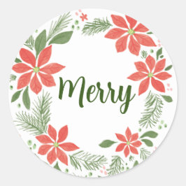 Pegatina Redonda Merry Christmas Poinsettia