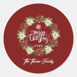 Pegatina Redonda Merry Christmas Poinsettia Wreath Monograma