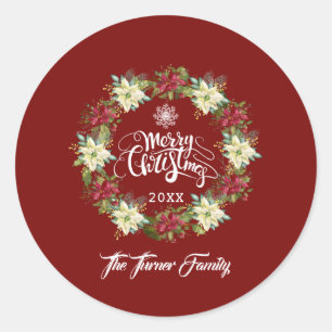 Pegatina Redonda Merry Christmas Poinsettia Wreath Monograma