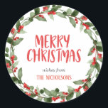 Pegatina Redonda Merry Christmas Red Berry Script | Wreath<br><div class="desc">Merry Christmas Red Berry Script | Wreath</div>