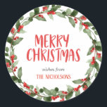 Pegatina Redonda Merry Christmas Red Berry Script | Wreath<br><div class="desc">Merry Christmas Red Berry Script | Wreath</div>