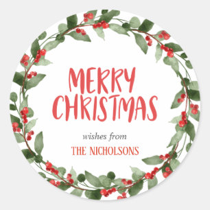 Pegatina Redonda Merry Christmas Red Berry Script   Wreath