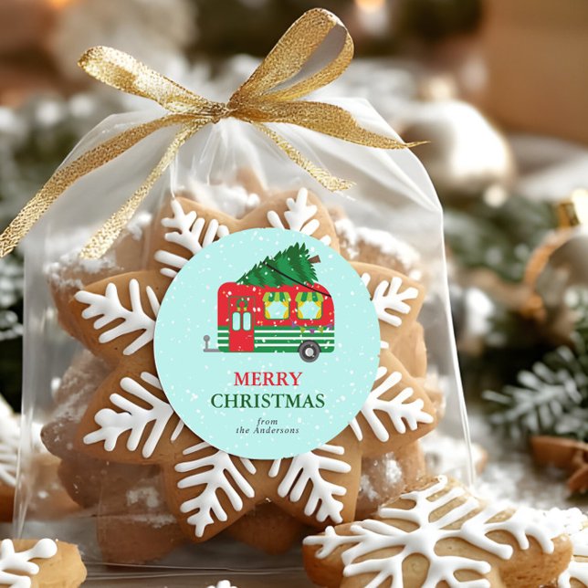 Pegatina Redonda Merry Christmas Red Caravan Christmas Tree Custom (Subido por el creador)